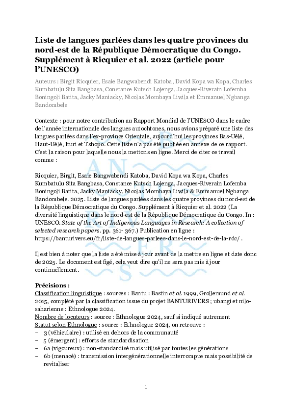 (PDF) Liste de langues parlées dans les quatre provinces du nord-est de ...