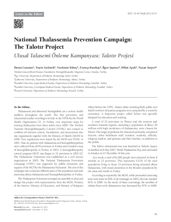 (PDF) National Thalassemia Prevention Campaign: The Talotır Project