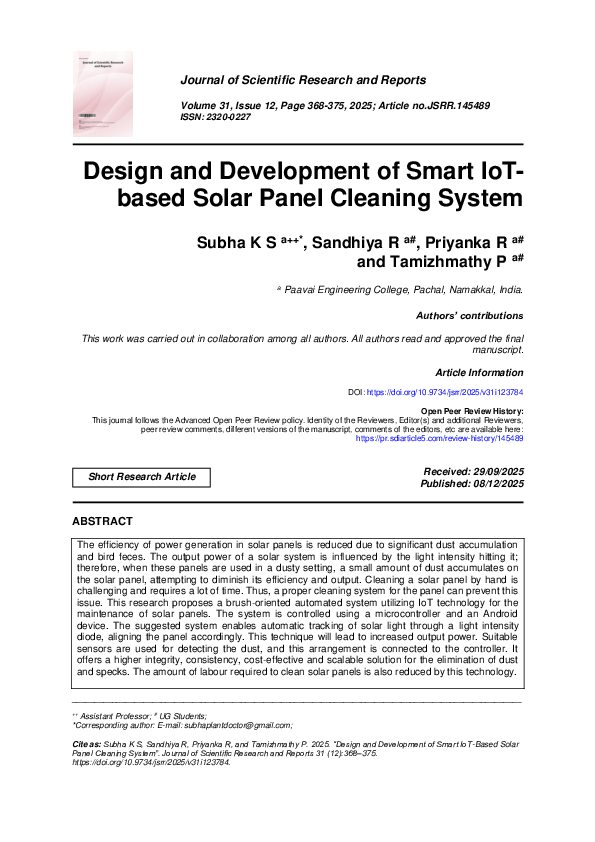 (PDF) Design and Development of Smart IoTbased Solar Panel Cleaning System