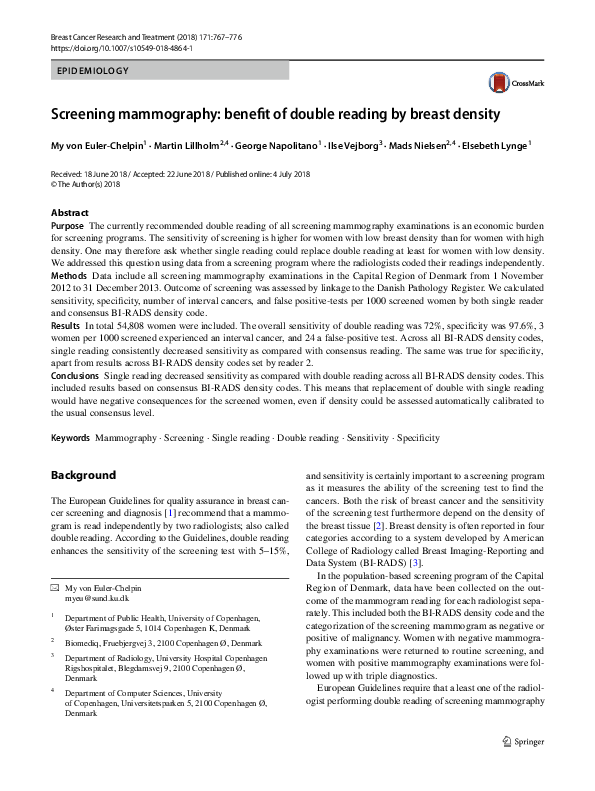 (PDF) Screening mammography: benefit of double reading by breast density