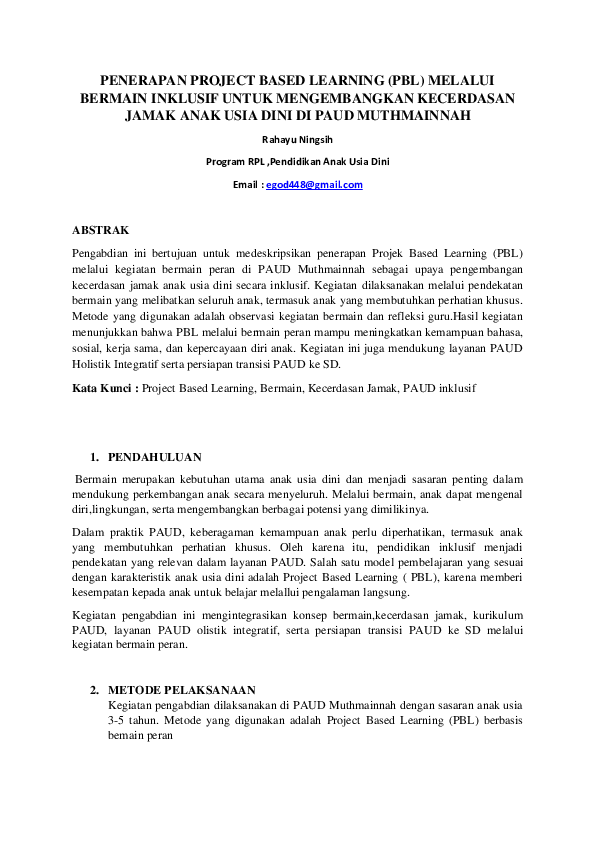 (PDF) PENERAPAN PROJECT BASED LEARNING (PBL) MELALUI BERMAIN INKLUSIF ...