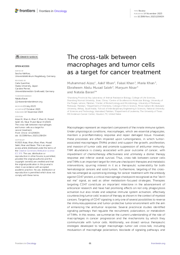(PDF) The cross-talk between macrophages and tumor cells as a target ...