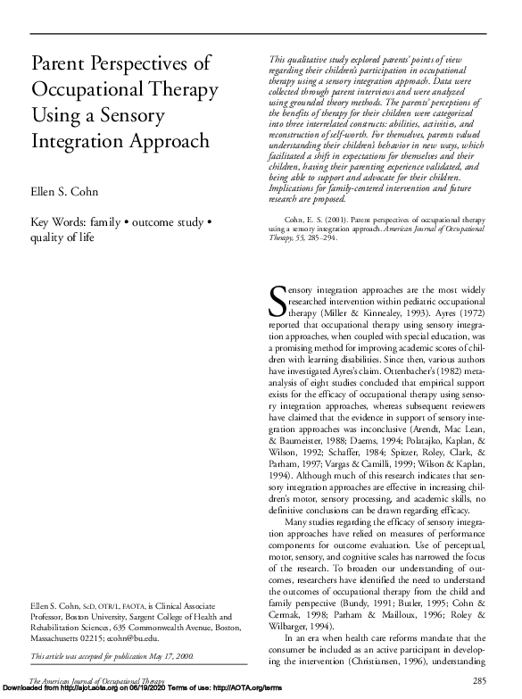 (PDF) Parent Perspectives of Occupational Therapy Using a Sensory ...