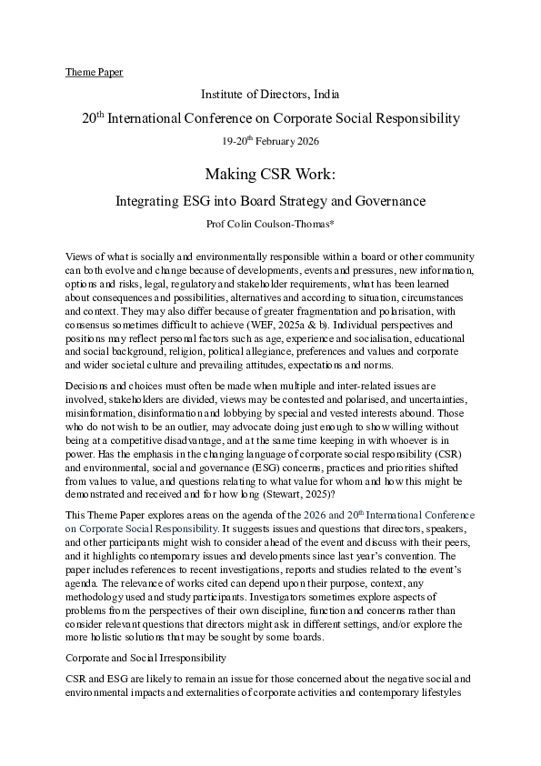 (PDF) Making CSR Work: Integrating ESG into Board Strategy and Governance