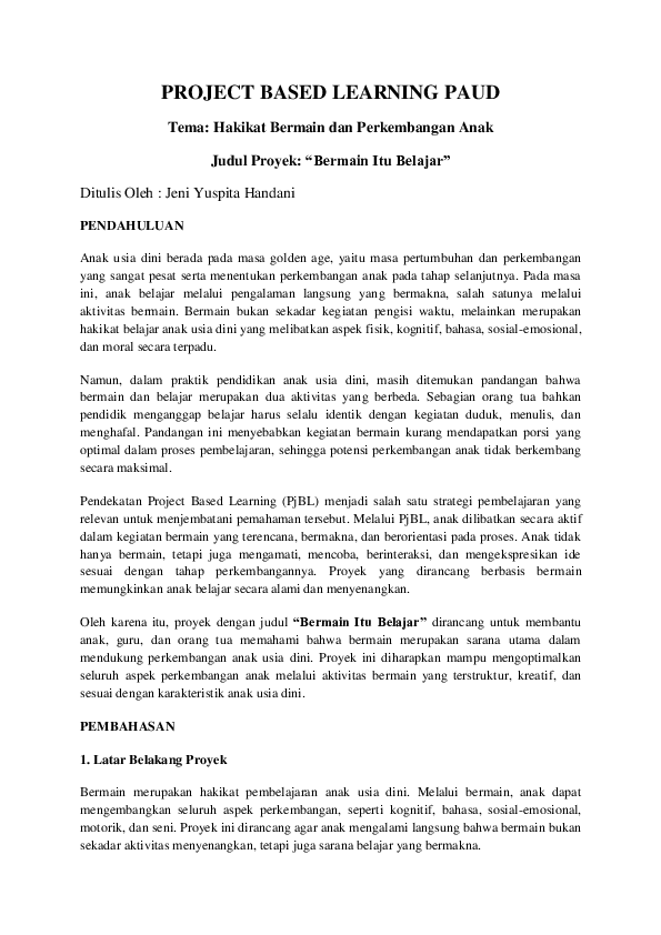 (PDF) PROJECT BASED LEARNING PAUD Tema: Hakikat Bermain dan ...