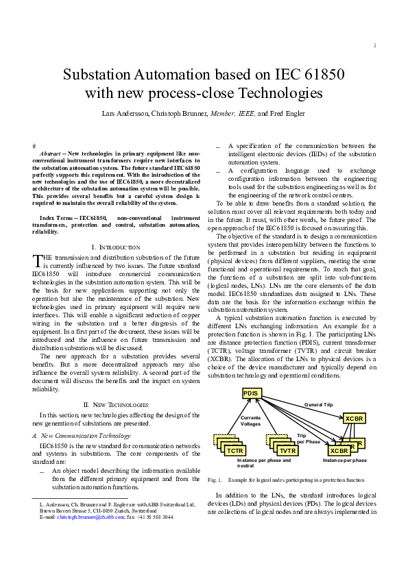 (PDF) Substation automation based on IEC 61850 with new process-close ...