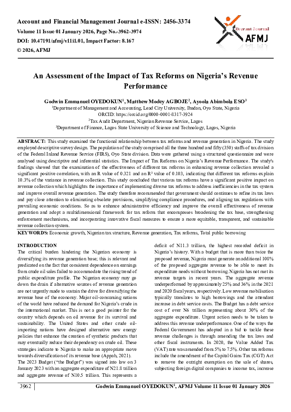 (PDF) An Assessment of the Impact of Tax Reforms on Nigeria's Revenue ...