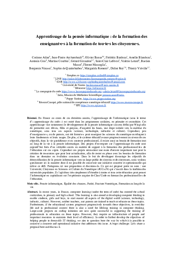 (PDF) Apprentissage de la pensée informatique : de la formation des ...