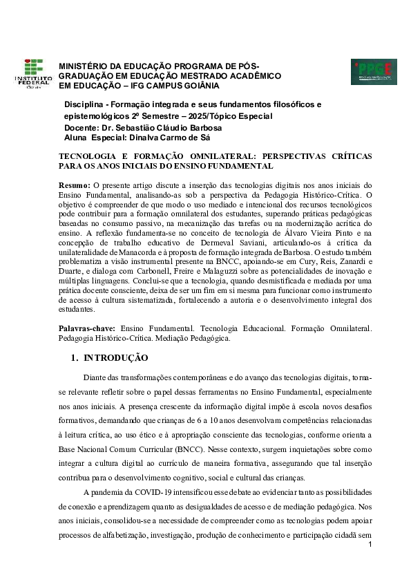 (PDF) TECNOLOGIA E FORMACAO OMNILATERAL PERSPECTIVAS CRÍTICAS
