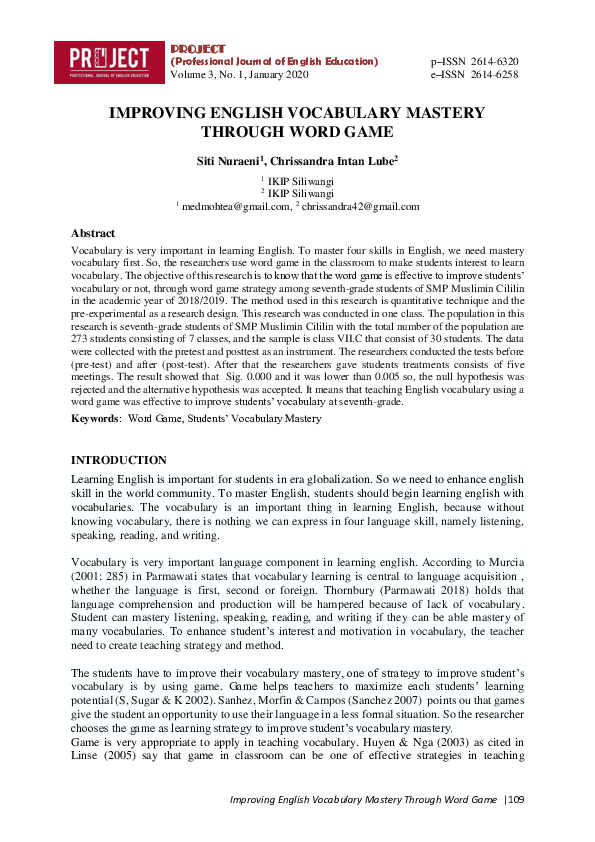 (PDF) Improving English Vocabulary Mastery Through Word Game