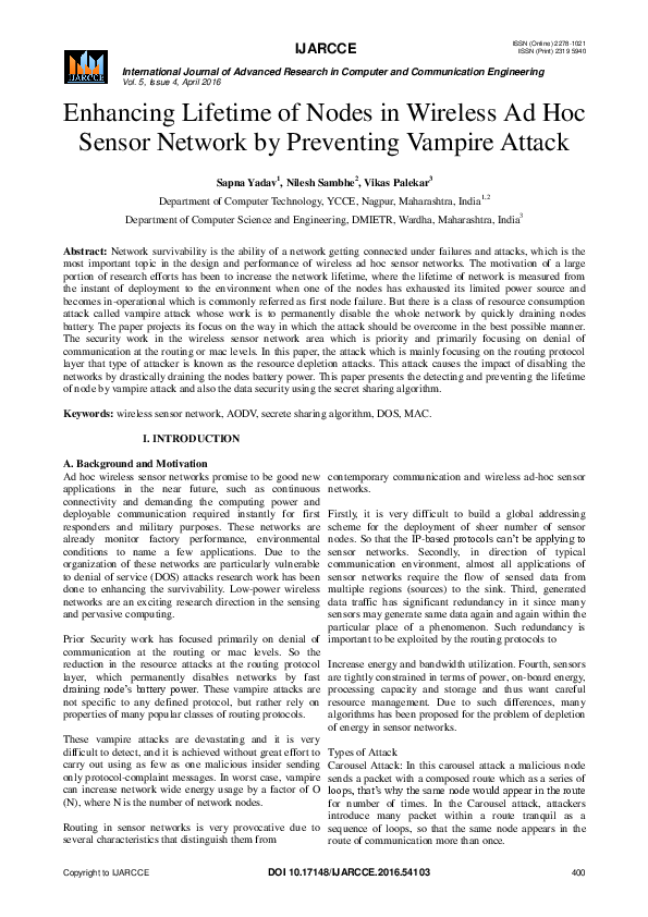 (PDF) Enhancing Lifetime of Nodes in Wireless Ad Hoc Sensor Network by ...