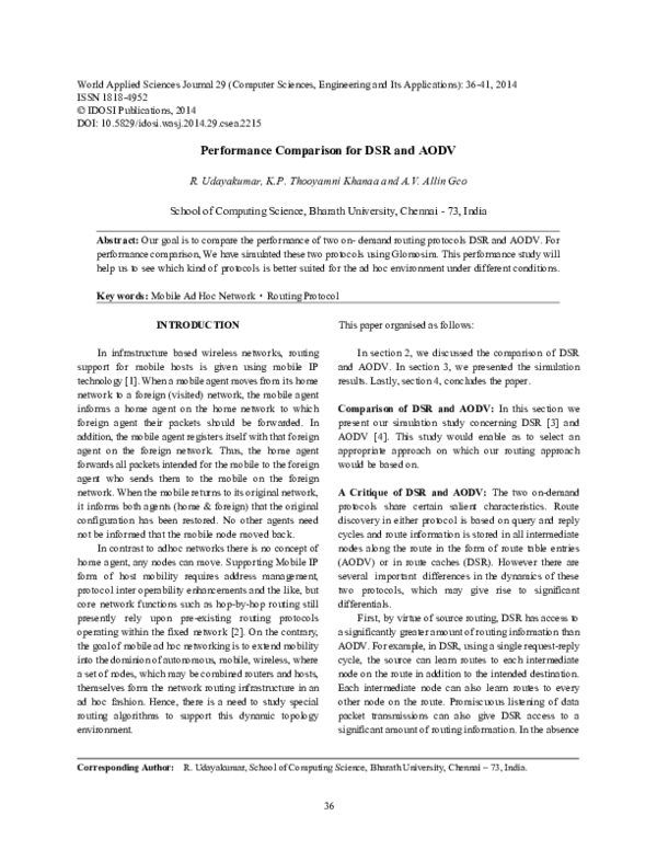 (PDF) Performance Comparison of DSDV, AODV and DSR routing protocols