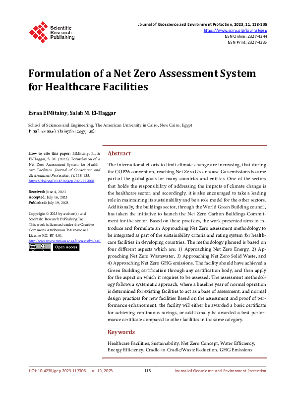 (PDF) Formulation of a Net Zero Assessment System for Healthcare Facilities