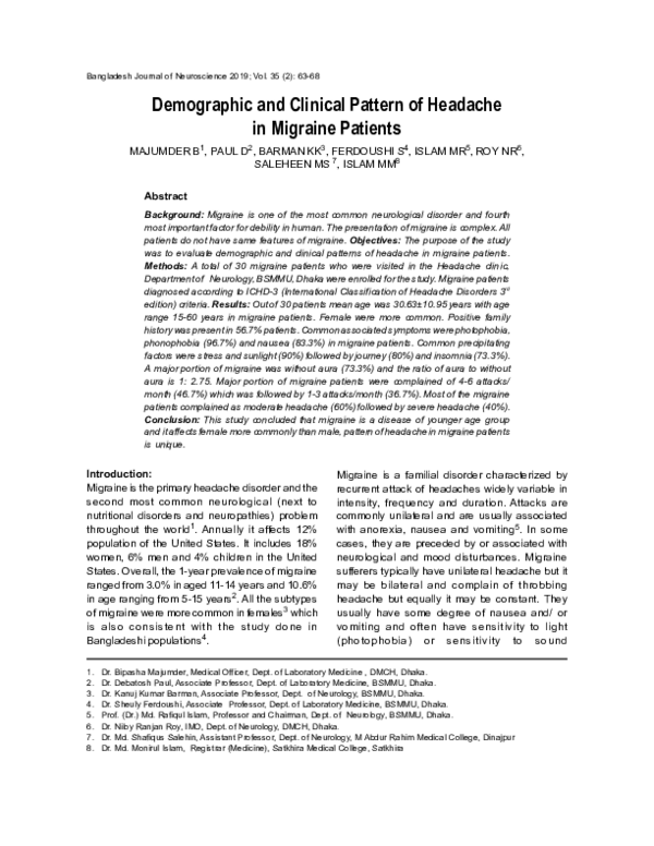(PDF) Demographic and Clinical Pattern of Headache in Migraine Patients