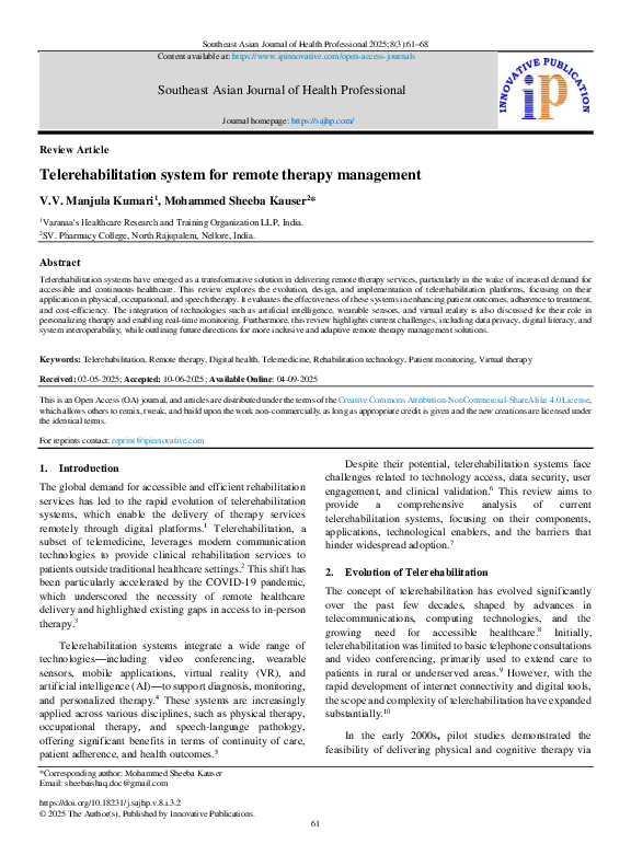 (PDF) Telerehabilitation system for remote therapy management