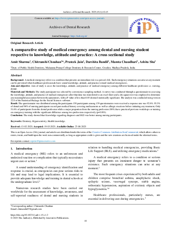 (PDF) A comparative study of medical emergency among dental and nursing ...