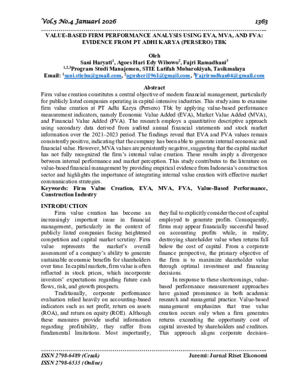(PDF) VALUE-BASED FIRM PERFORMANCE ANALYSIS USING EVA, MVA, AND FVA ...