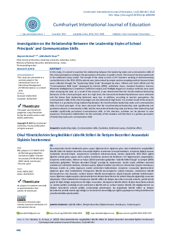(PDF) Investigation on the Relationship Between the Leadership Styles ...