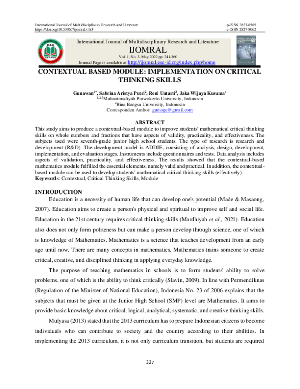 (PDF) Contextual Based Module: Implementation on Critical Thinking Skills