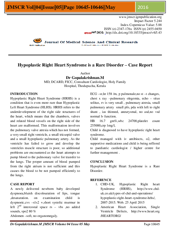 (PDF) Hypoplastic Right Heart Syndrome is a Rare Disorder – Case Report