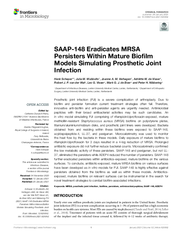 (PDF) SAAP-148 Eradicates MRSA Persisters Within Mature Biofilm Models ...