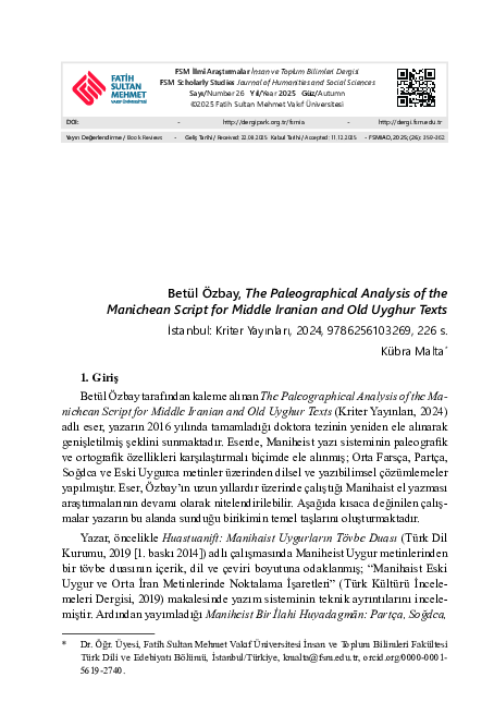(PDF) Betül Özbay, The Paleographical Analysis of the Manichean Script ...