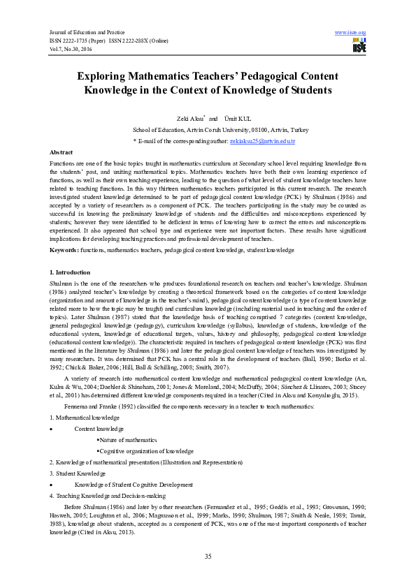 (PDF) Exploring Mathematics Teachers’ Pedagogical Content Knowledge in ...
