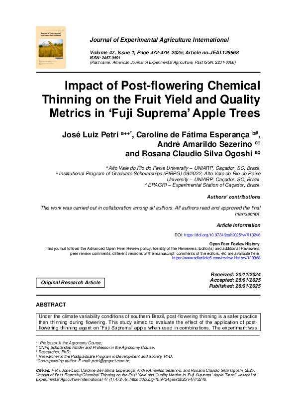 (PDF) Impact of Post-flowering Chemical Thinning on the Fruit Yield and ...