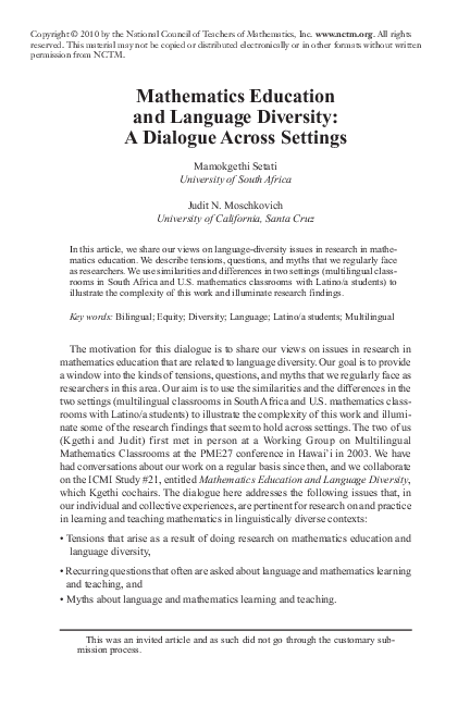 (PDF) Mathematics Education and Language Diversity: A Dialogue Across ...