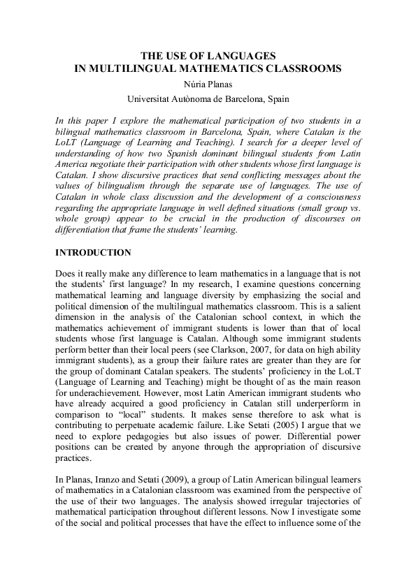(PDF) The use of languages in multilingual mathematics classrooms