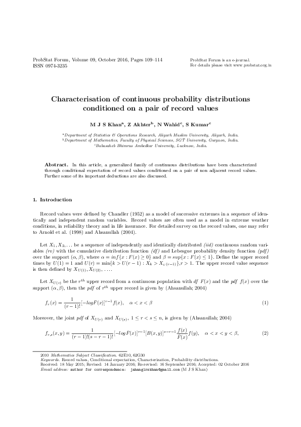 (PDF) Characterisation of continuous probability distributions ...