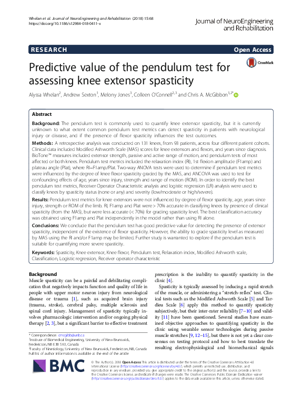 (PDF) Predictive value of the pendulum test for assessing knee extensor ...
