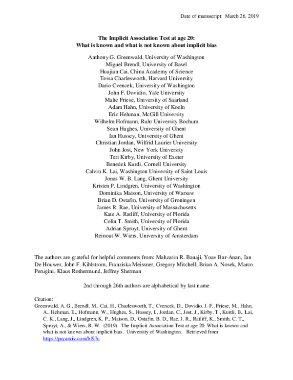 (PDF) The Implicit Association Test at age 20: What is known and what ...