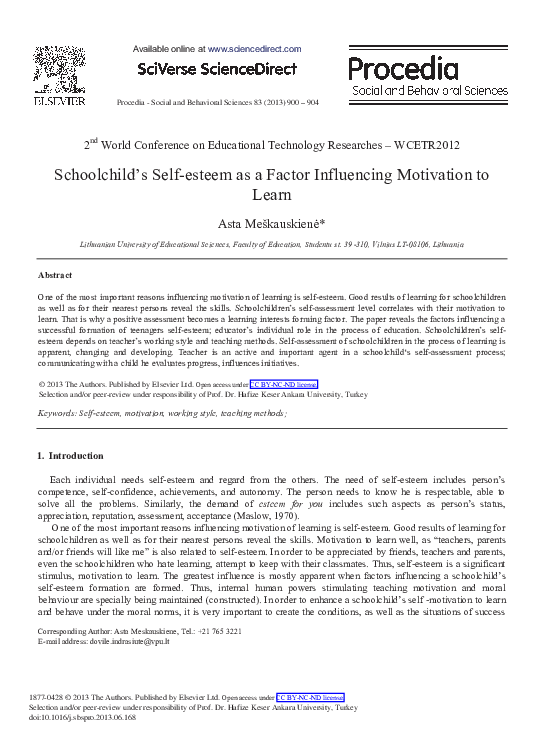 (PDF) Schoolchild's Self-esteem as a Factor Influencing Motivation to Learn