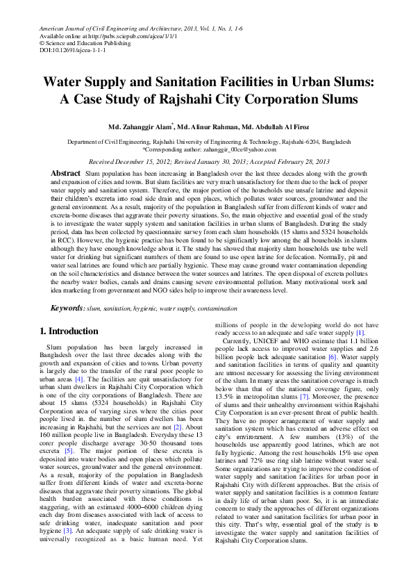 (PDF) Water Supply and Sanitation Facilities in Urban Slums: A Case ...
