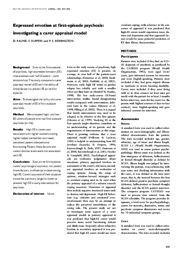 (PDF) Expressed emotion at first-episode psychosis: investigating a ...