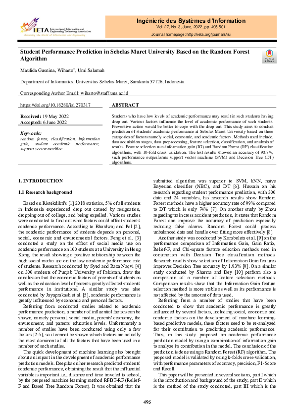 (PDF) Student Performance Prediction in Sebelas Maret University Based ...