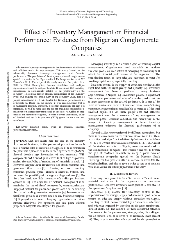 (PDF) Effect Of Inventory Management On Financial Performance: Evidence ...