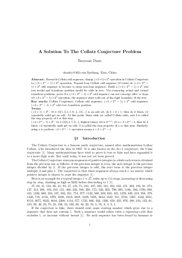 (PDF) A Solution To The Collatz Conjecture Problem