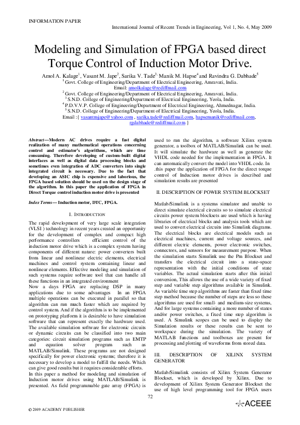 (PDF) Modeling and Simulation of FPGA based direct Torque Control of ...
