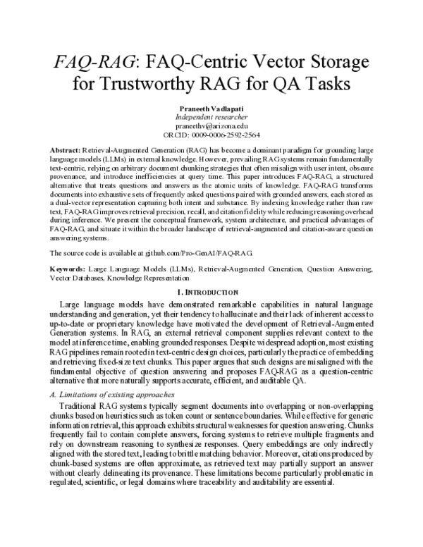 (PDF) FAQ-RAG: FAQ-Centric Vector Storage for Trustworthy RAG for QA Tasks