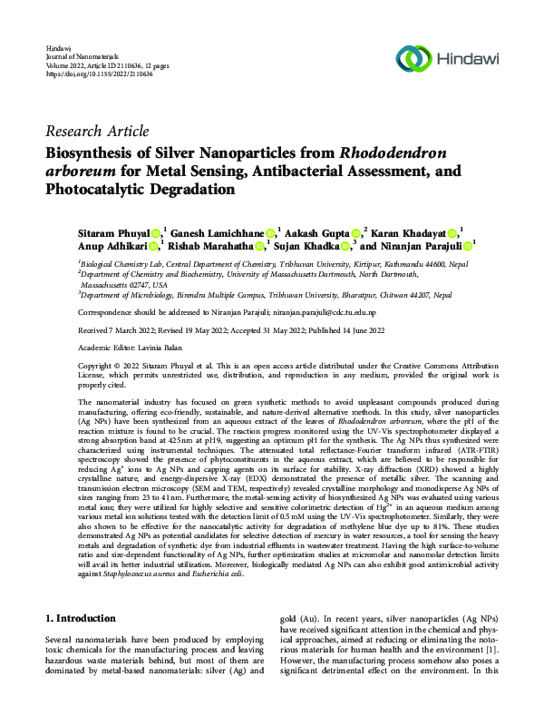 (PDF) Biosynthesis of Silver Nanoparticles from Rhododendron arboreum ...