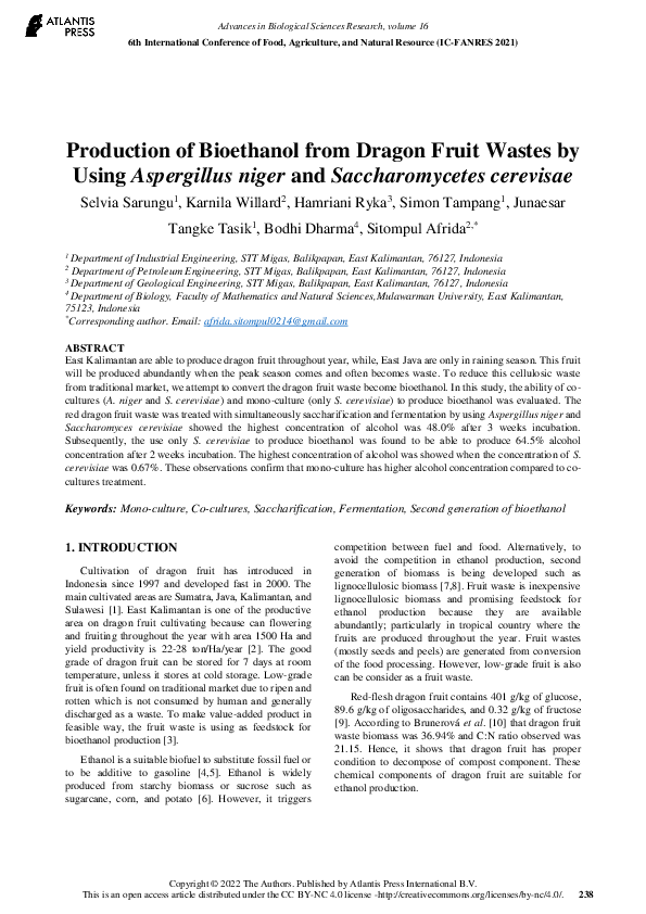 (PDF) Production of Bioethanol from Dragon Fruit Wastes by Using ...