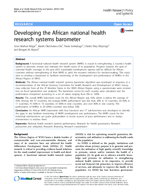 (PDF) Developing the African national health research systems barometer