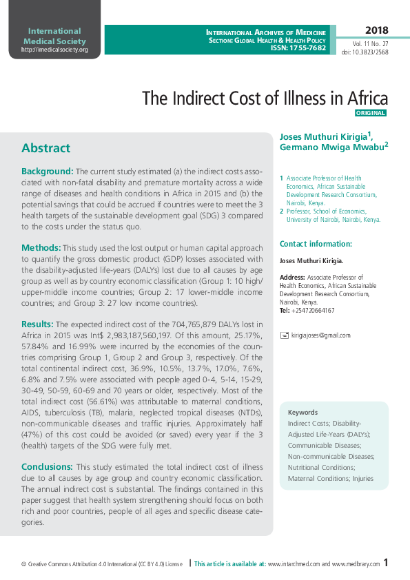 (PDF) The Indirect cost of illness in Africa