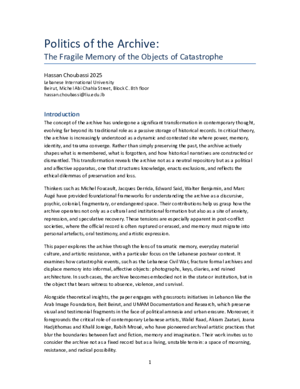 (PDF) Politics of the Archive: The Fragile Memory of the Objects of ...