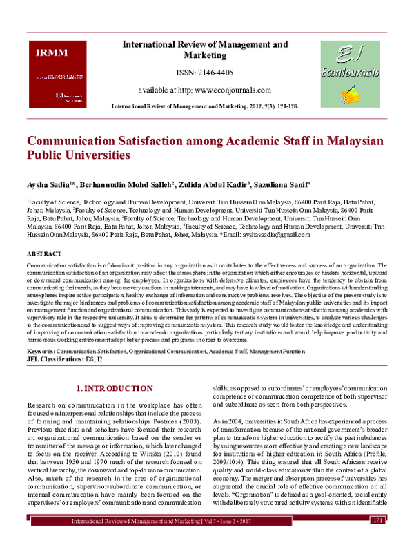 (PDF) Communication Satisfaction among Academic Staff in Malaysian ...