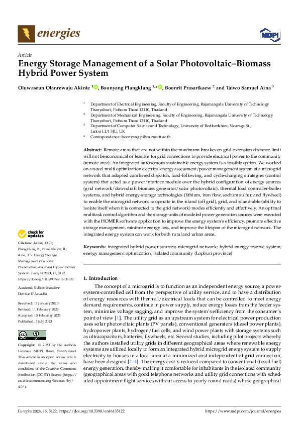 (PDF) Energy Storage Management of a Solar Photovoltaic–Biomass Hybrid ...
