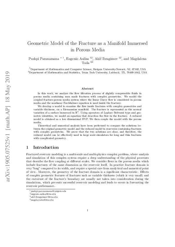 (PDF) Geometric model of the fracture as a manifold immersed in porous ...