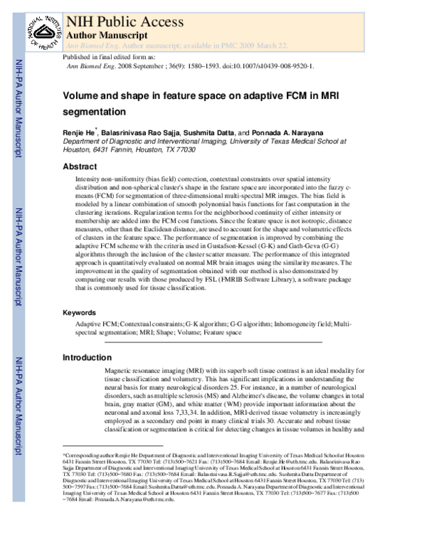 (PDF) Volume and Shape in Feature Space on Adaptive FCM in MRI Segmentation